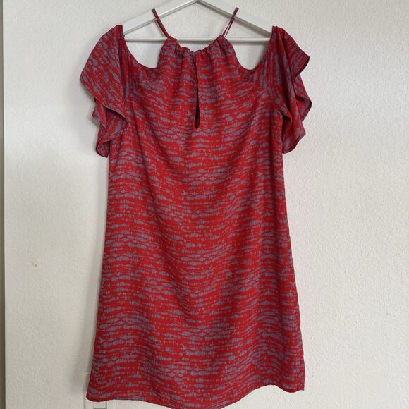 Veronica M Dress Sz S Red & Blue Flutter Sleeve Cold Shower Elastic Summer $189 - Picture 4 of 10